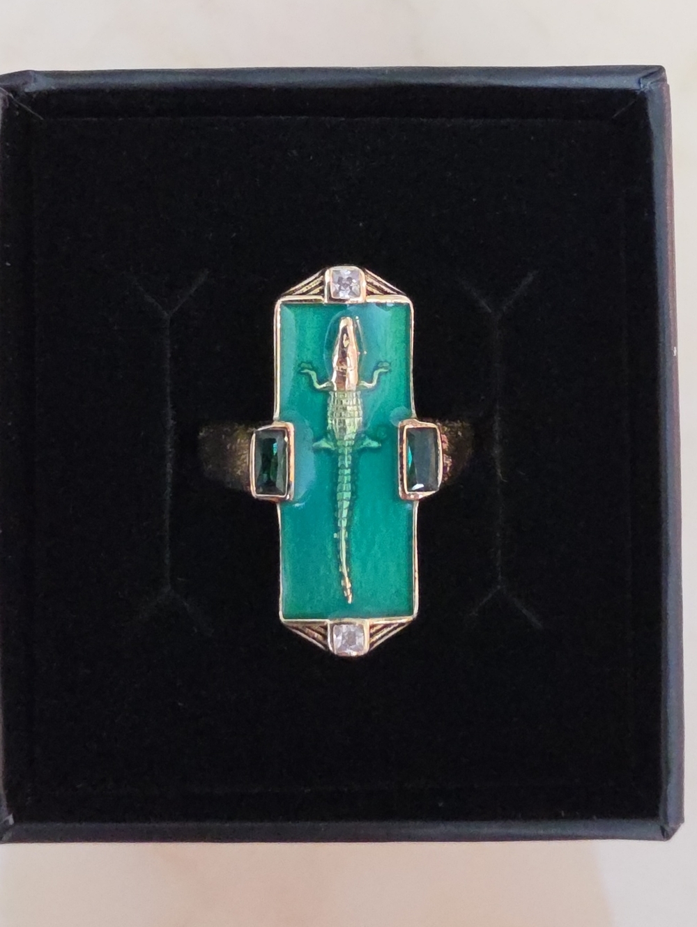 Green Enamel Alligator Motif Gold Tone Ring - 925 Sterling Silver